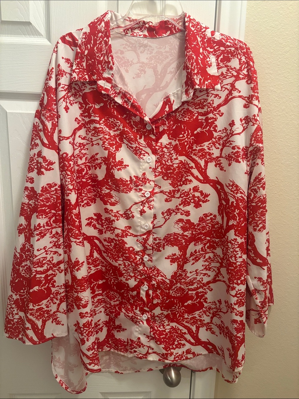 SHEIN Red and White Printed Button-Down Shirt